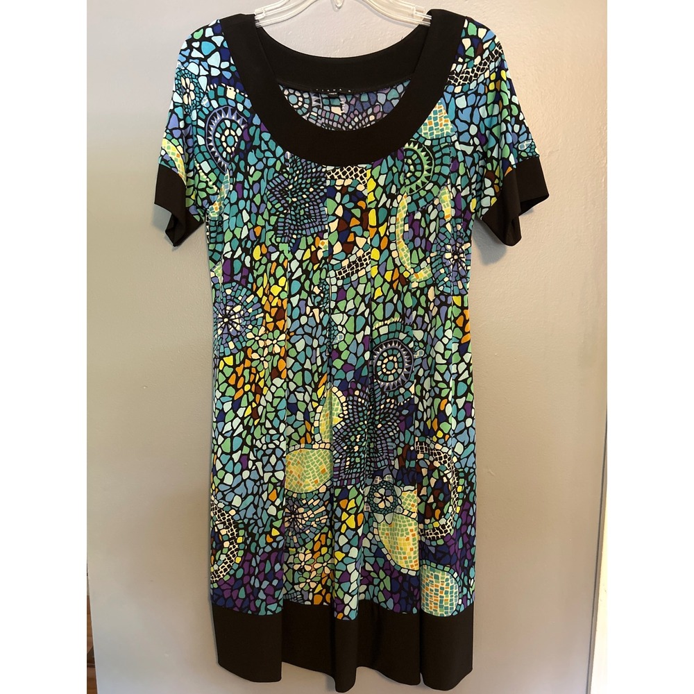 Shift Dress Tiana B Vintage Stained Glass Mosaic Print Black Trim Hem Blue Green